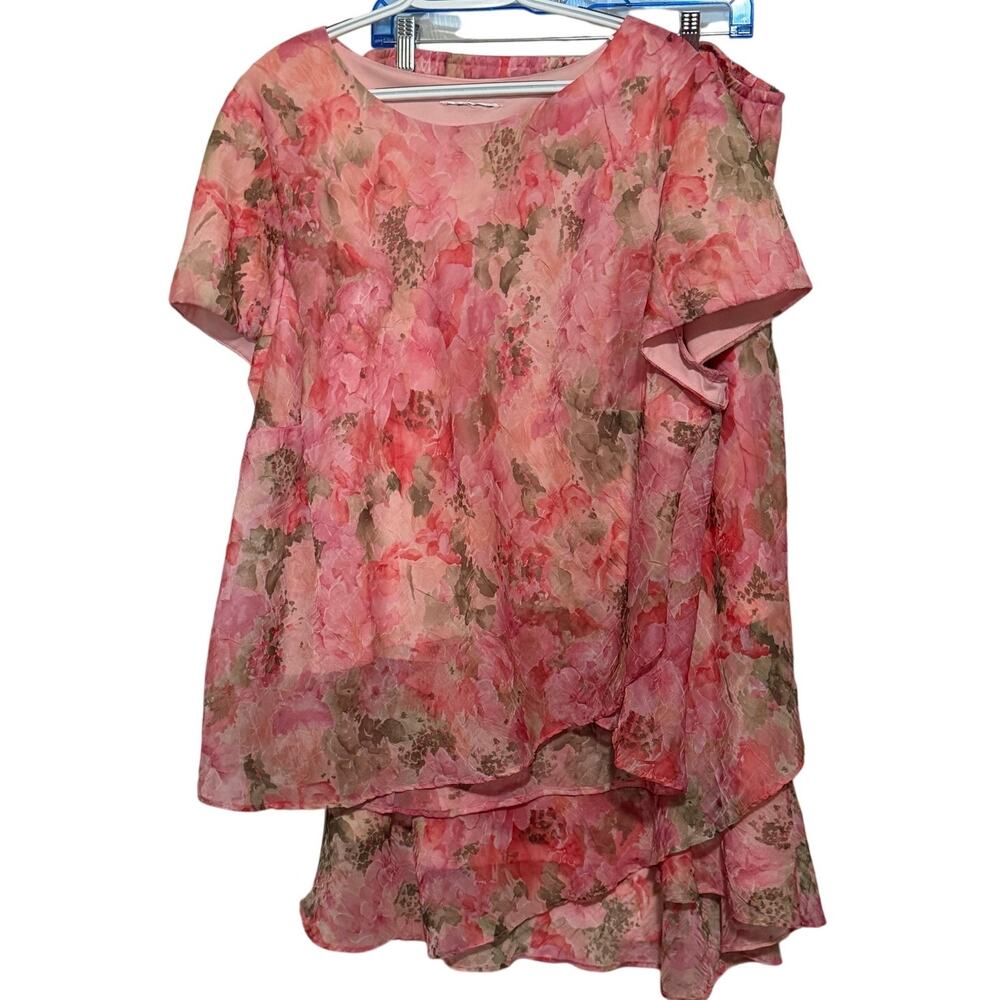 Lady Dorby Women's Vintage Floral Pink Crinkle Chiffon Short Sleeve Dress 24W